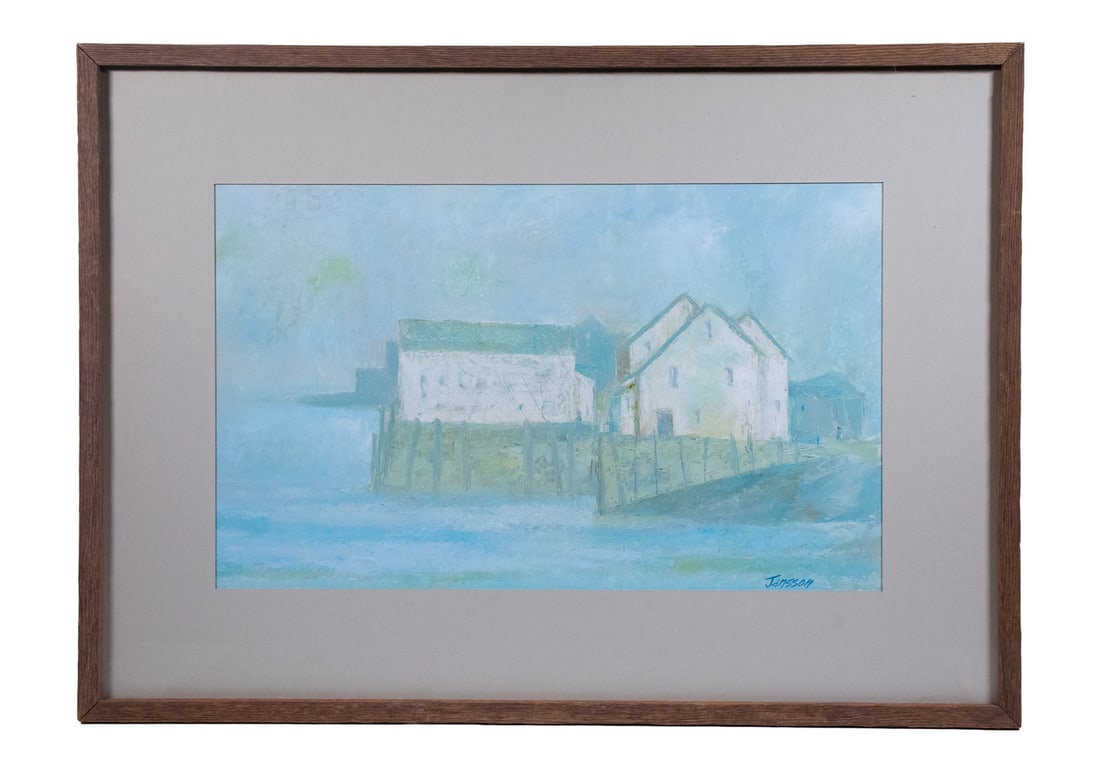 KENNETH LARS JANSSON (MA, 1941-2000): Wharf Houses, oil on board, signed lower right, in mahogany box frame, matted under glass. OS: 23 x 32 in. (58.4 x 81.3 cm.), SS: 14 x 22 1/2 in. (35.6 x 57.2 cm.)