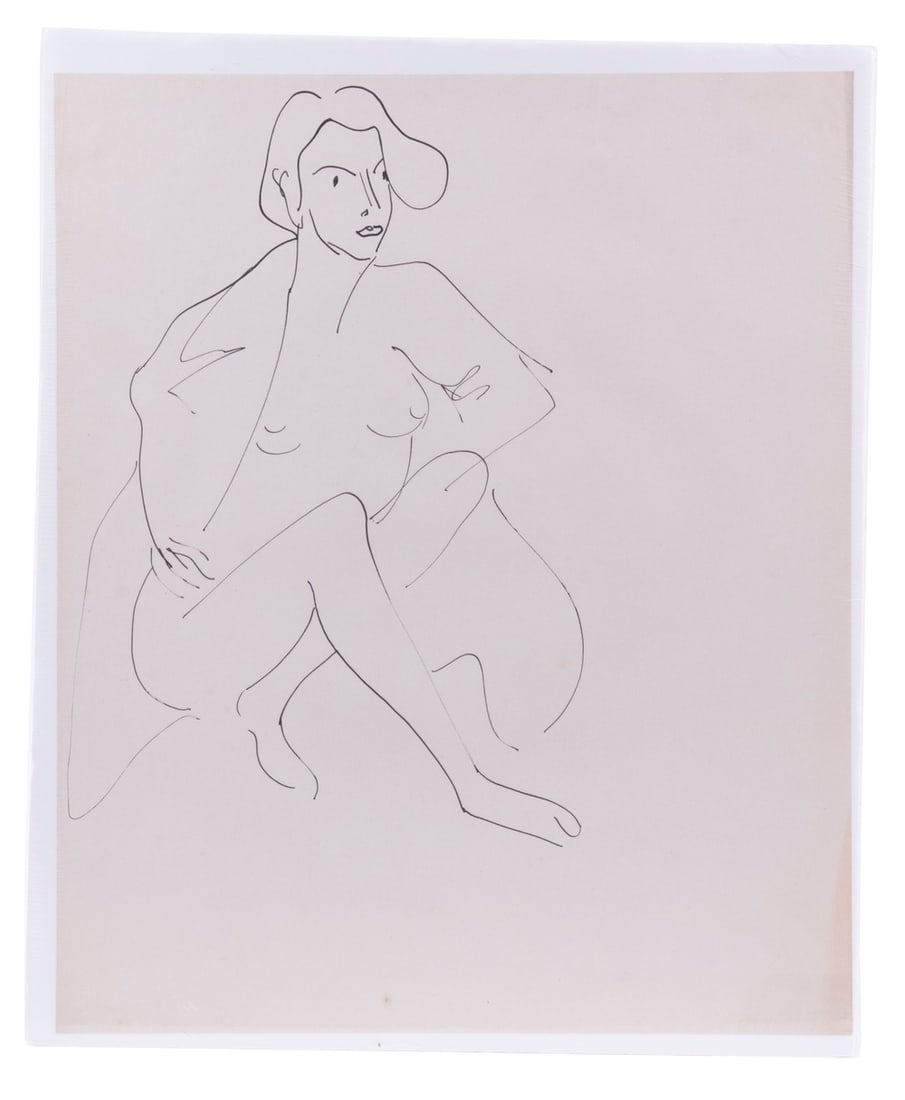 MARGARETT W. MCKEAN SARGENT (CT/MA, 1892-1978): Nude Woman in Fur Coat, ink on paper, unsigned, with letter from Merv Slotnik of East Coast Books in Wells, Maine. Unframed, shrink-wrapped over foamcore. 16 3/4 x 14 in. (42.5 x 35.6 cm.)