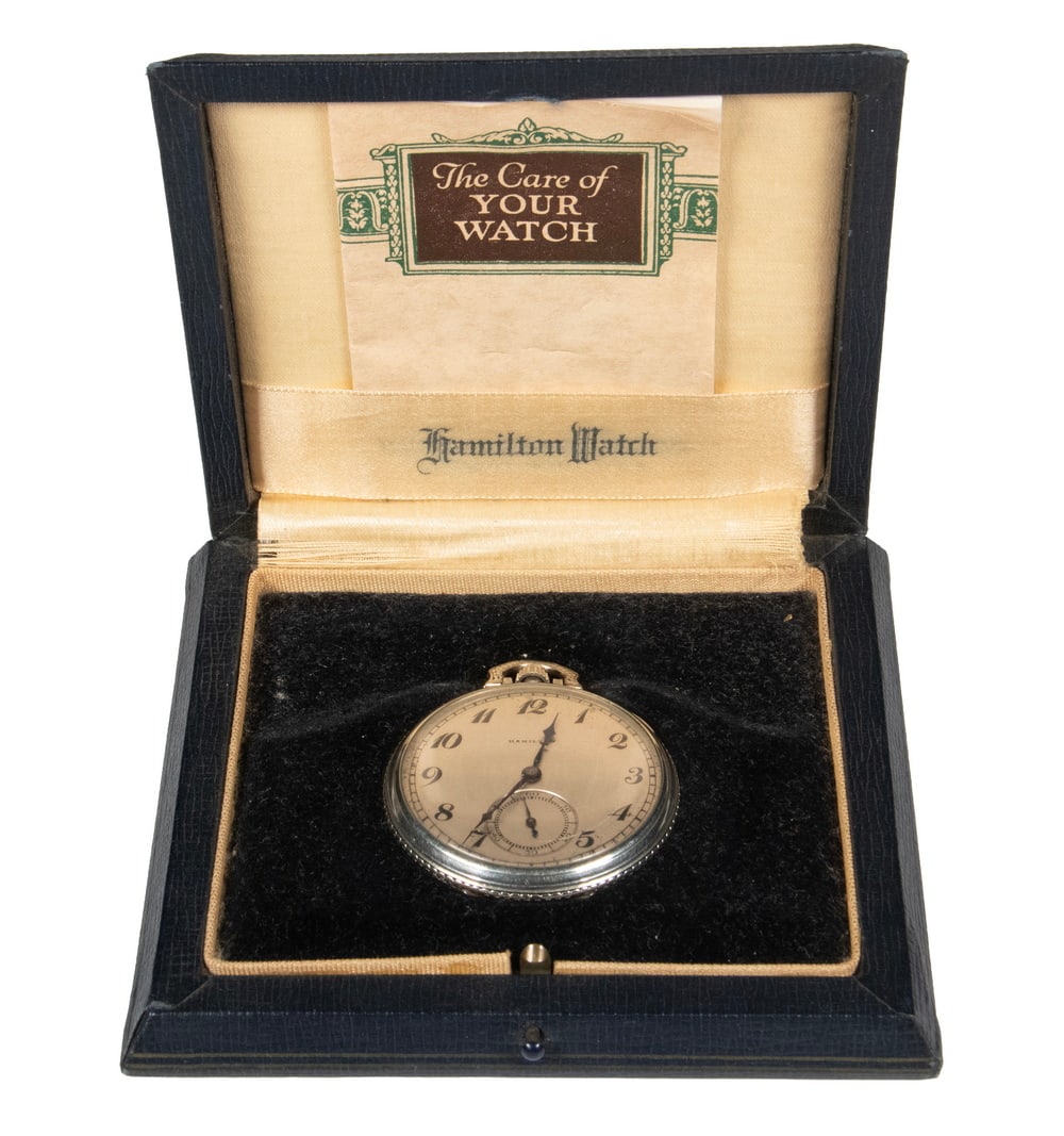 HAMILTON 14K WHITE GOLD FILLED 17-JEWEL POCKET WATCH, DATED 1929 (1 of 5)