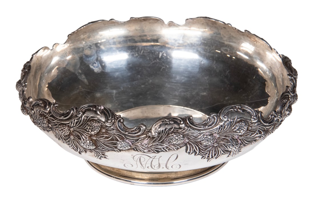 REDLICH & CO. STERLING FOOTED BOWL: Late 19th c. Silver Footed Bowl, by Ludwig, Redlich & Co. New York, NY, #2846, with raised pine cone decoration surrounding the scrolled rim, engraved NTC monogram, the base stamped with Redlich's