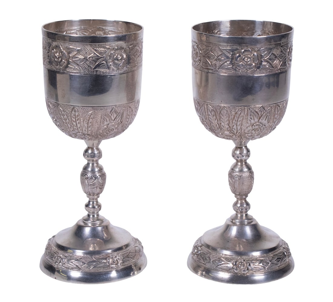PR SANBORN'S MEXICO STERLING SILVER GOBLETS: Pair of "Aztec Rose" Pattern 925-Silver Goblets, by Sanborn's Mexico, mid-20th c., each with floral banded body, knobbed stem, domed foot with floral band, with Sanborn's 3-owl mark on base. 22.14 ozt