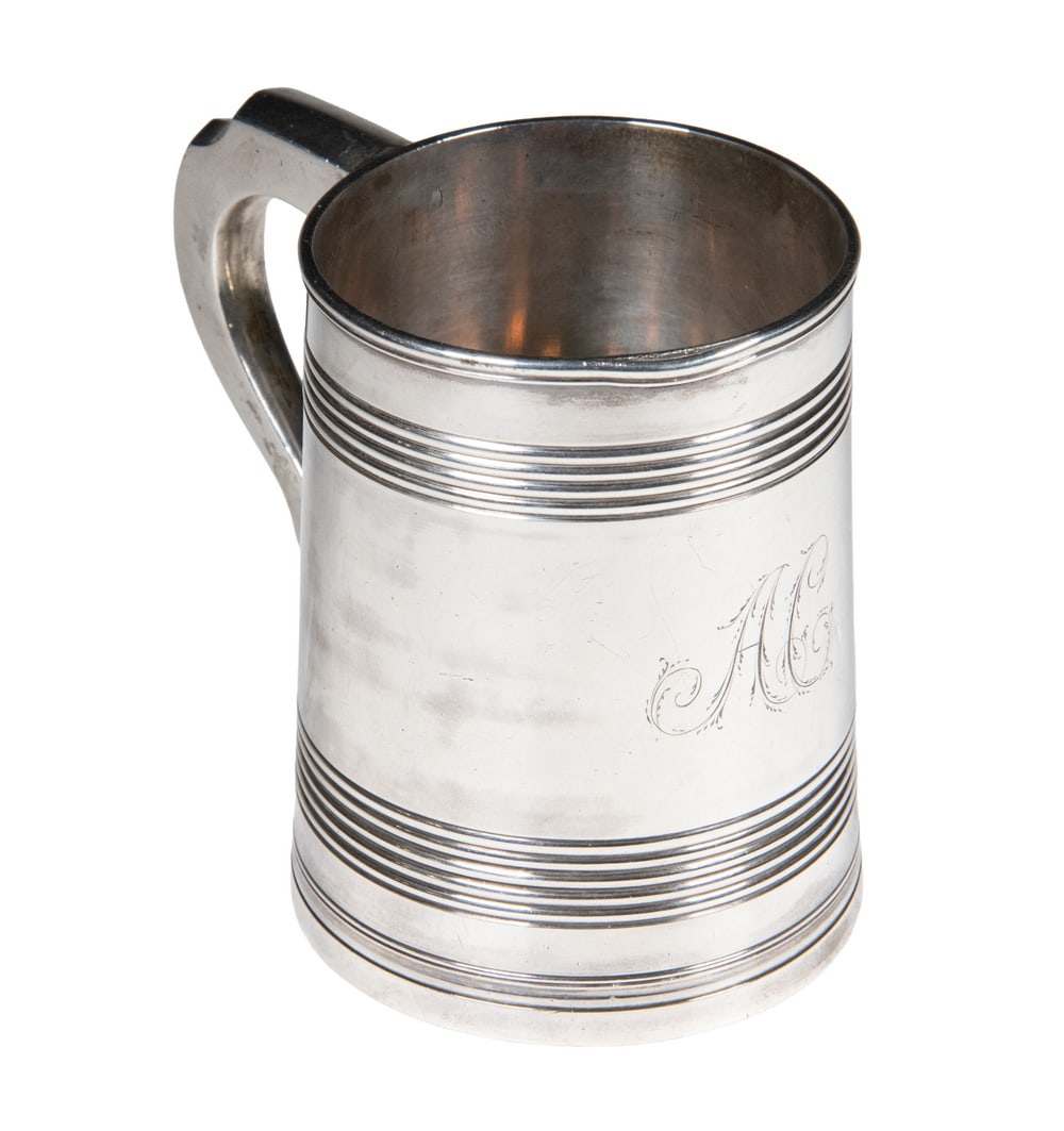 JAMES HOWELL, PHILADELPHIA FEDERAL COIN SILVER MUG: Circa 1805 American Coin Silver Cann, by Philadelphia silversmith James Howell (1779-1855, worked ca. 1802-1807), having a tapered cylindrical shape with molded rim, banded sides, inset base, the