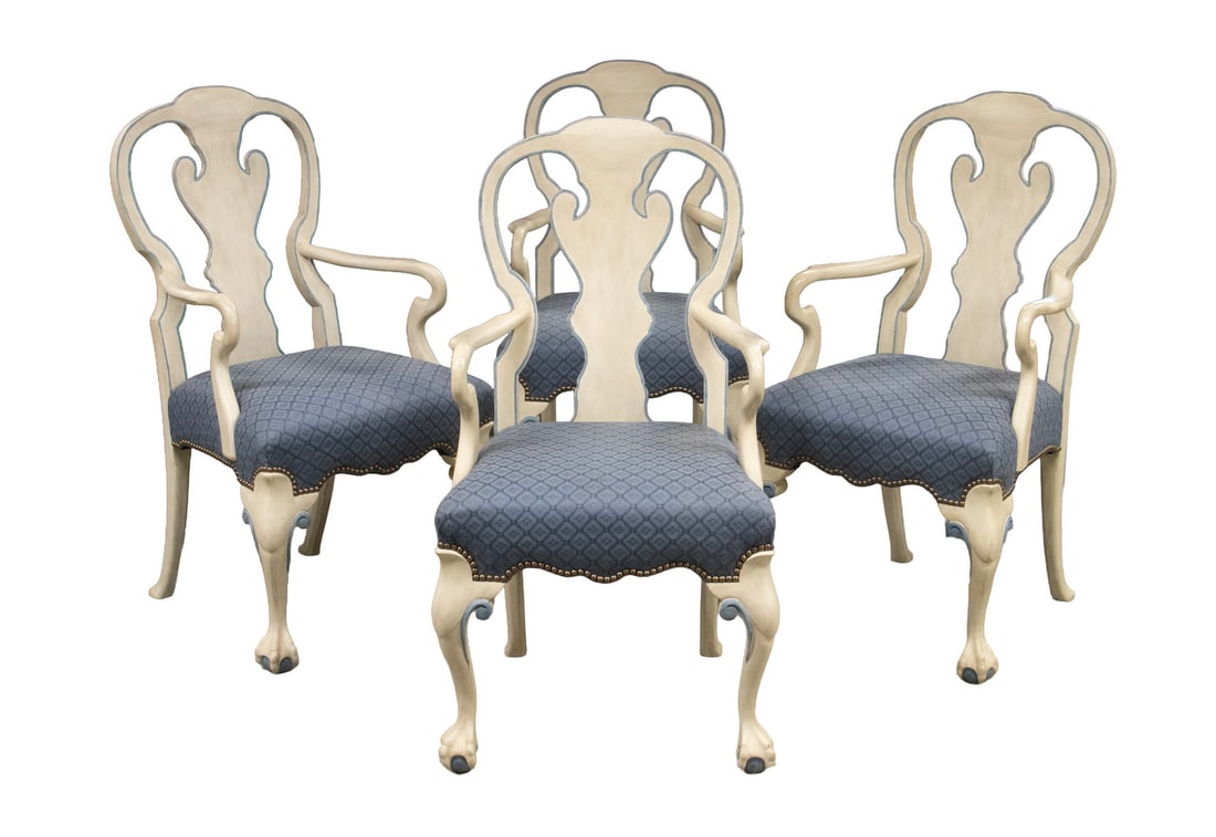 MINTON SPIDELL SET OF (4) CUSTOM QUEEN ANNE WHITE ARMCHAIRS, FROM L.A.: Fiddle Back Armchairs by Minton-Spidell of Los Angeles, in white paint with painted blue edging, blue brocade upholstery finished by brass domed tacking, urn splat, swan neck arm, shaped skirt,
