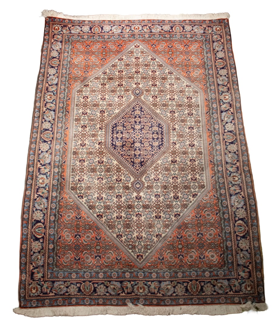 TABRIZ RUG (3'10" X 5'6"): From Northwest Persia, made in the mid-20th Century. Features a hooked hexagonal medallion in midnight blue, red, sky blue, ivory and rose on the Herati decorated ivory field in royal, sky, and