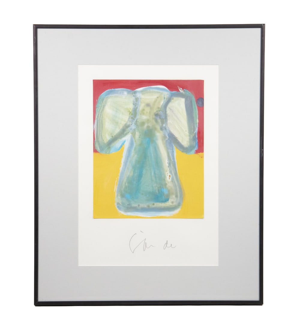 HAROLD GARDE (FL/ME, 1923-2022): Angel, 'strappo' monotype print in acrylic on paper, the image mounted on a second sheet that is pencil signed, in black casement frame, matted under glass.Developed by Garde, strappo is a monotype dr