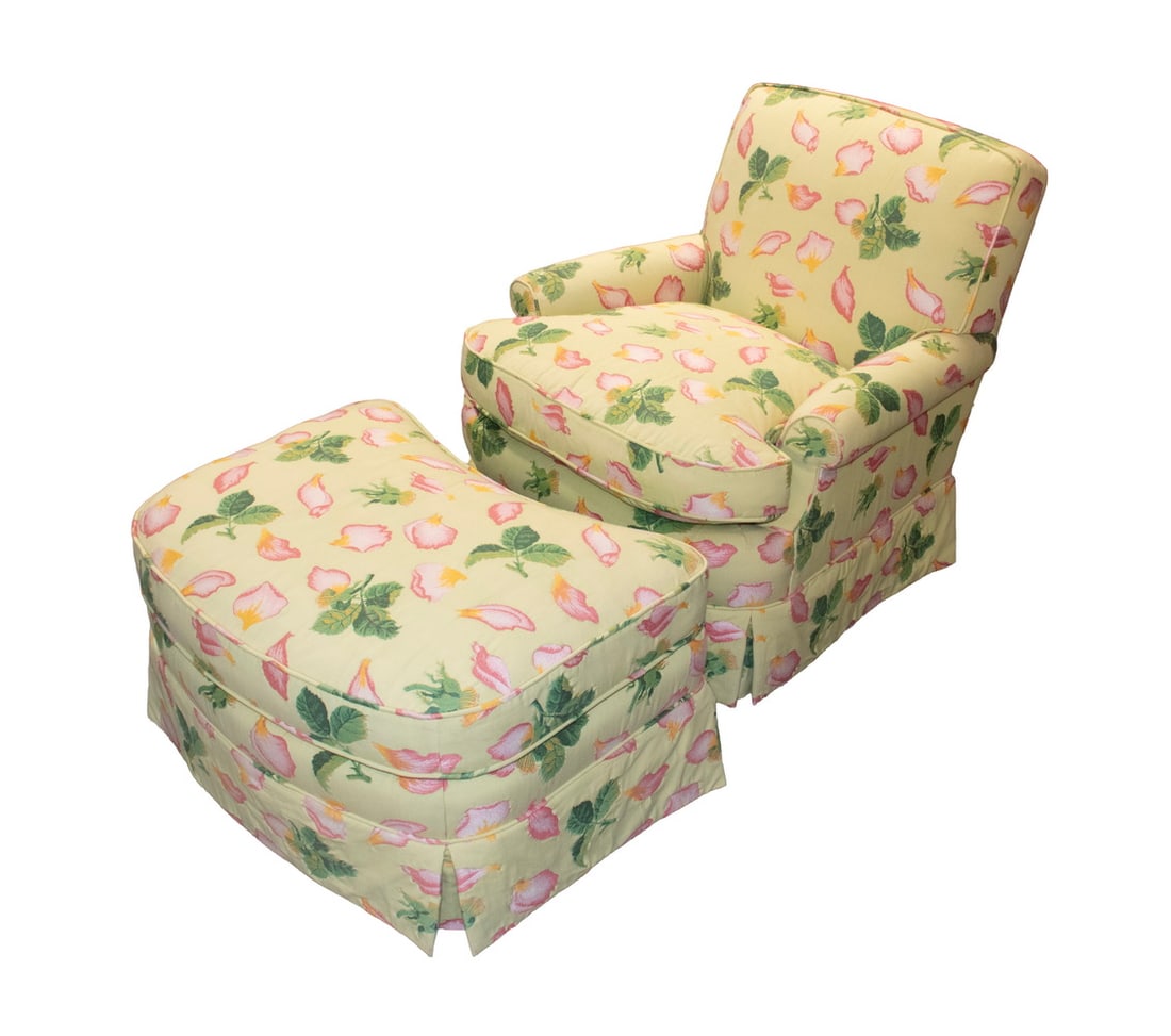 BRUNSCHWEIG ET FILS CLUB CHAIR & HASSOCK IN EMBROIDERED YELLOW FABRIC: Whimsical Fully Upholstered Armchair and Rolling Hassock in very fine pale yellow upholstery with scattered hsnd embroidered pink blossom and green leaves, by Brunschweig et Fils, with loose down