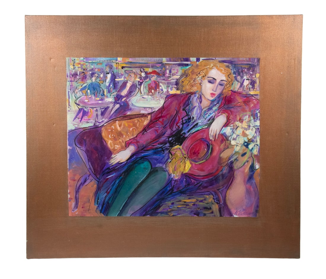 ISAAC MAIMON, ACRYLIC ON CANVAS: From the Boulevard Culture Series. Woman Holding Hat, reclining on sofa in front of restaurant, acrylic on canvas with gold painted integral border. Unframed.30 x 34 in. (76.2 x 86.4 cm.)