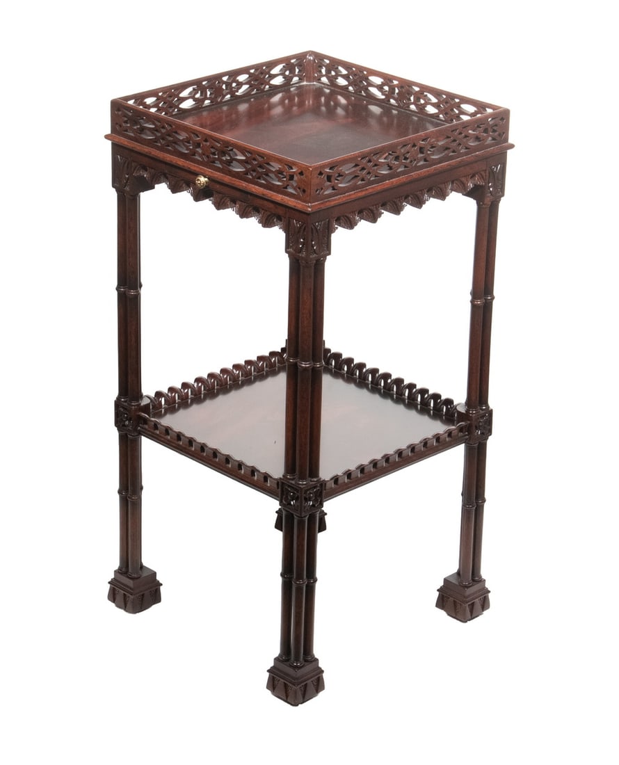 WILLIAM SWITZER TWO-TIER STAND: Custom Carved Mahogany Chinese Chippendale Style Stand, by designer William Switzer, made in Spain and Vancouver, Canada, with pierced galleried edge top and lower shelves, pull out candle slide, set