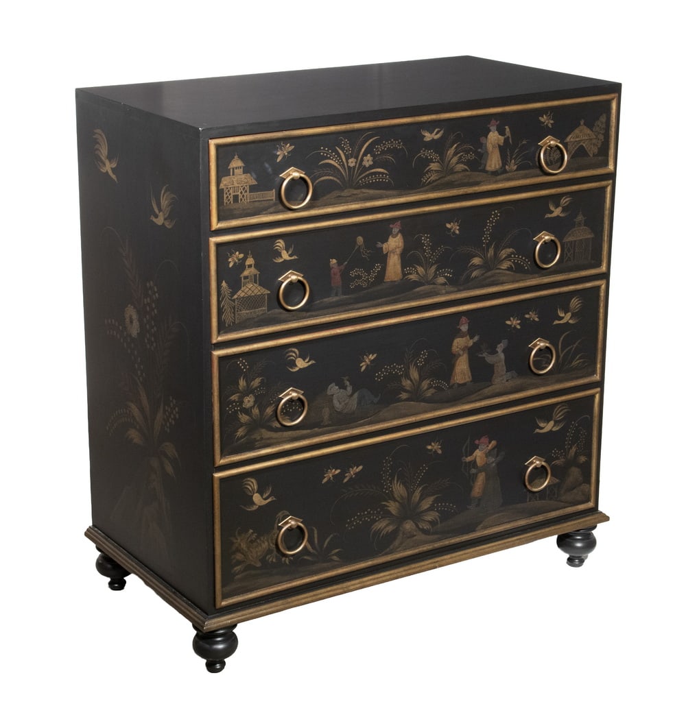 WILLIAM & MARY STYLE JAPANNED CHEST: Custom Black Painted Four-Drawer Chest, with chinoiserie decoration, each drawer with drop ring pulls, set on a bracket base with turnip form feet.OS: 39 x 37 x 20 in. (99.1 x 94 x 50.8 cm.)