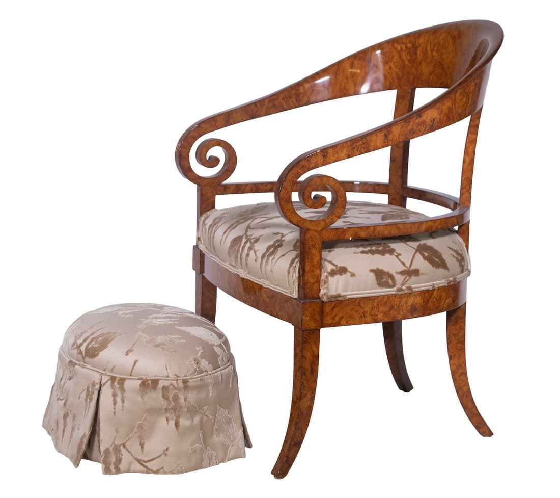 CUSTOM BURLWOOD ARMCHAIR & OTTOMAN (1 of 4)