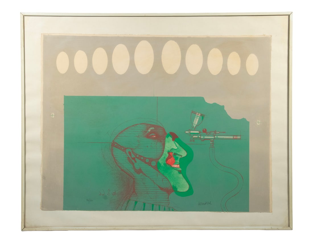 PAUL WUNDERLICH (1927-2010, GERMANY): Serigraph of Man Airbrushing his Face, signed, dated 10-8-66, numbered 46/60. In white slat frame, matted under plexiglass.OS: 24 x 30 in. (61 x 76.2 cm.), SS: 19 1/2 x 25 in. (49.5 x 63.5 cm.)