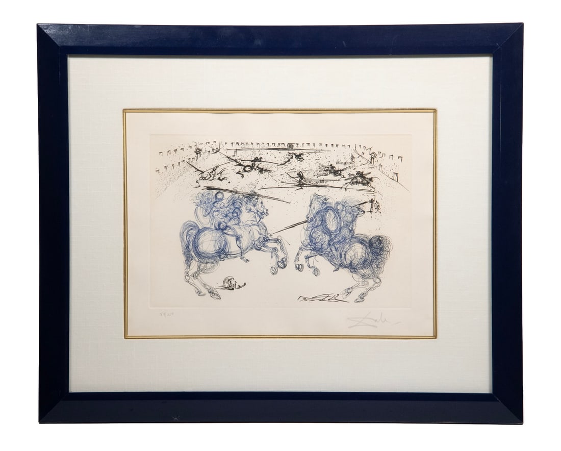 SALVADOR DALI (FRANCE/SPAIN, 1904-1989): Les Cavaliers Bleus, 1969, etching on paper, signed in plate, also pencil signed and numbered 59/250, in glossy black mitered frame, linen mat with gilt lip, under plexi.OS: 19 1/2 x 23 1/2 in. (49.5