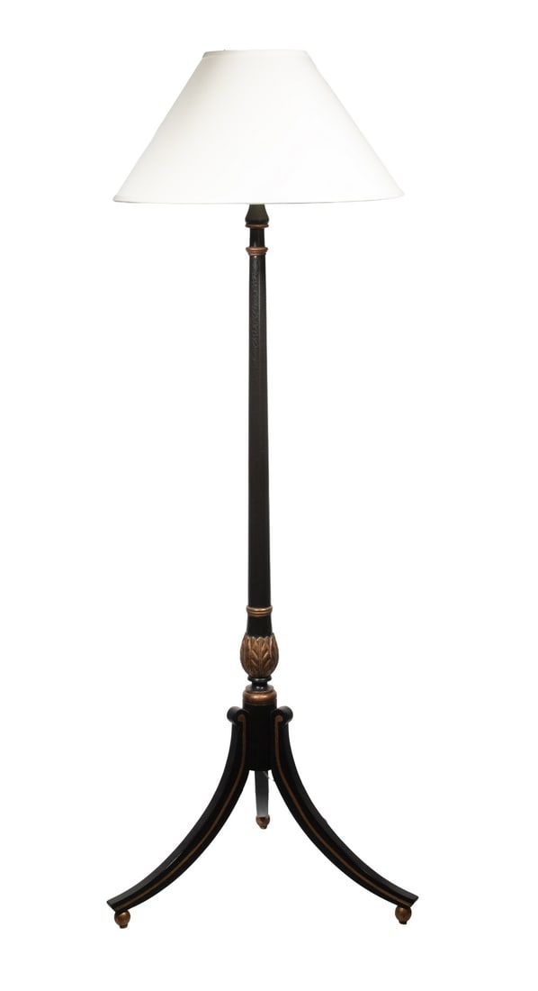 CUSTOM PAINTED FLOOR LAMP: Wooden Tall Lamp, with black painted craquelure surface, with gilded highlights and acanthus leaves decoration, set on a tripod base, two-socket fixture with chain pulls, and with flared fabric on