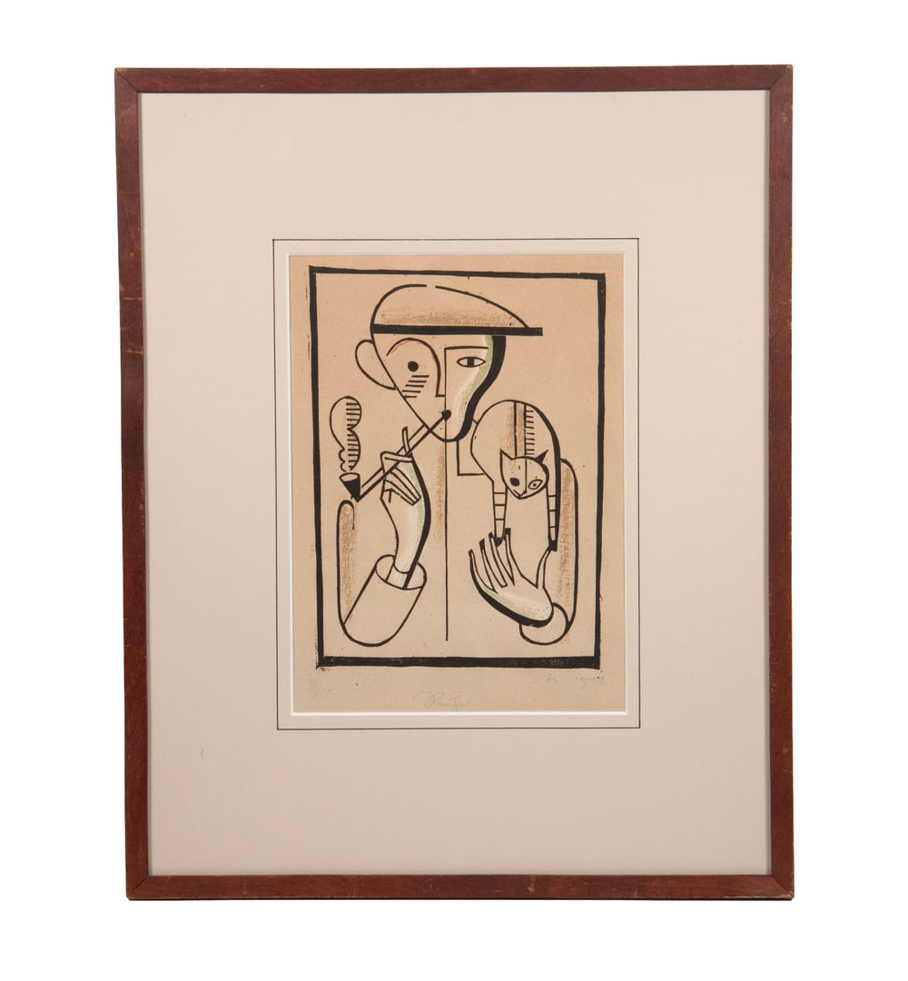 GERHARD MARCKS (GERMANY, 1889-1981): Raucher (Smoker), linocut print with hand coloring, titled and dated 1922 in pencil, housed in mahogany stick frame, matted under glass.Note verso reads: "When as newlyweds Bernice and I were