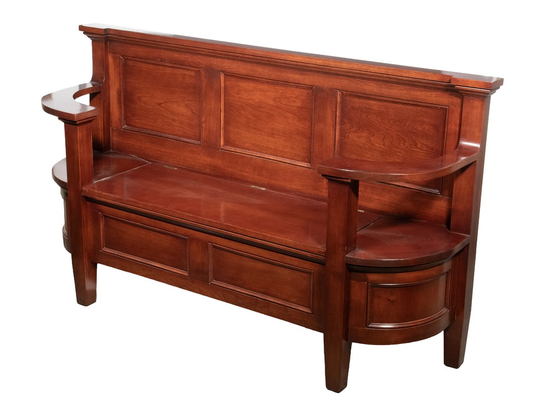 CUSTOM MAHOGANY HALL BENCH: Finely Crafted Bench, with lift seat, having a flat molded edge crest, paneled back, curved arms, shaped and paneled frieze, and set on square tapered legs.OS: 35 1/2 x 61 1/2 x 17 1/2 in. (90.2 x