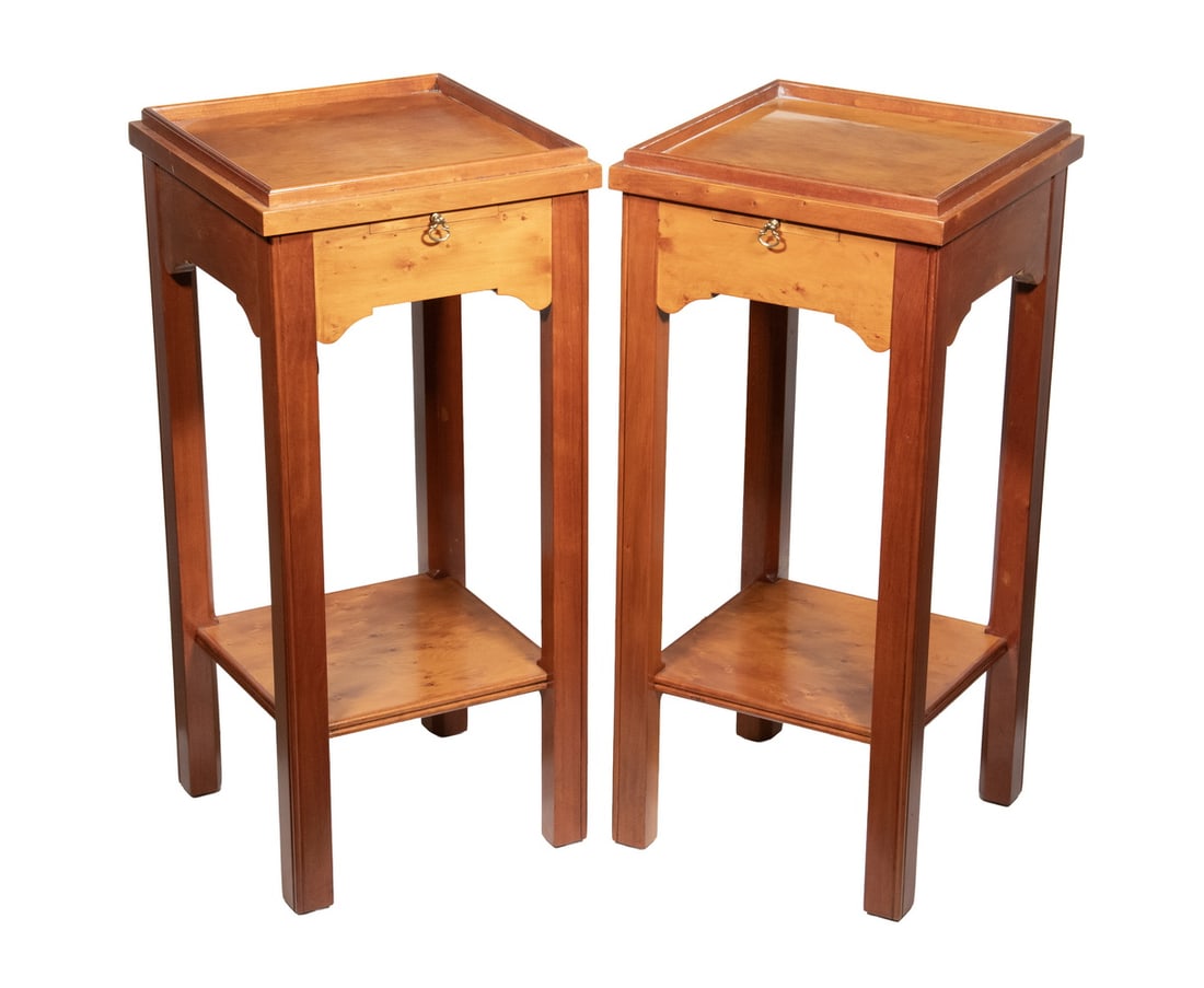 PR CUSTOM MAPLE SIDE TABLES: Pair of Finely Crafted End Tables, each with galleried top, shaped frieze with pull-out shelf, lower shelf, shaped legs.OS Each: 24 x 12 x 12 in. (61 x 30.5 x 30.5 cm.)