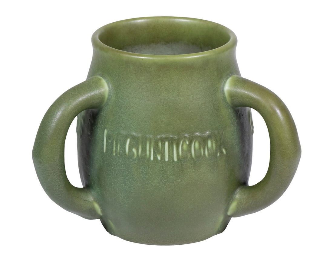 RARE ROOKWOOD ART POTTERY LOVING CUP TROPHY: Custom Three-Handled Vase by Rookwood, modeled as a Maine golfing trophy, dated 1906, 659C shape, with decorator mark of Edward G. Diers (1870-1947), having a matte green glazed surface with relief