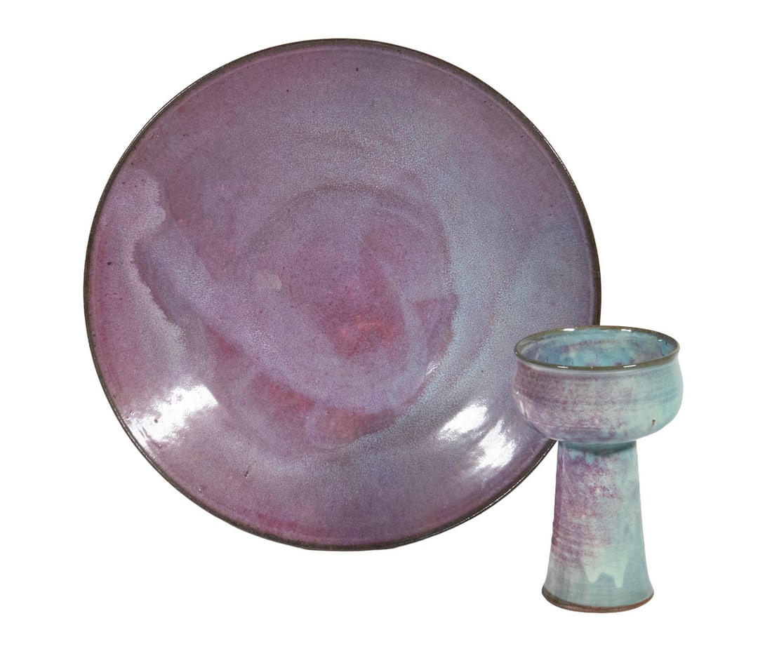VERMONT FLAMBE GLAZED ART POTTERY CHARGER & CHALICE: (2) Pieces, crafted in Bennington, VT, both unmarked, incl: Round charger, with copper red flambe glazed surface; and Footed cup, with flambe glaze in shades of blue and purple.Charger: 3 x 17 x 17