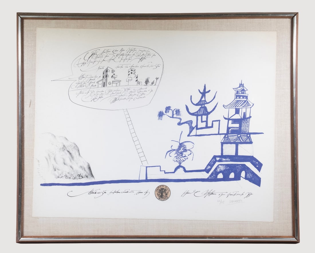 SAUL STEINBERG (NY/ITALY, 1914-1999): Blue Pagoda, 1966, lithograph with hand coloring, on Rives BFK, pencil signed and numbered 22/25. In mahogany mitered frame with chrome edge, sheet is floated over linen board under plexi. OS: 23 x 28