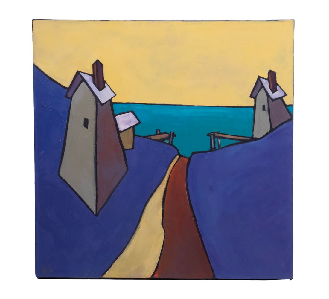 MICHAEL MCGUIRE (MA, 1953 - ): Twin Docks, oil on canvas, signed and titled verso, unframed, black painted edge.OS: 24 x 24 in. (61 x 61 cm.)