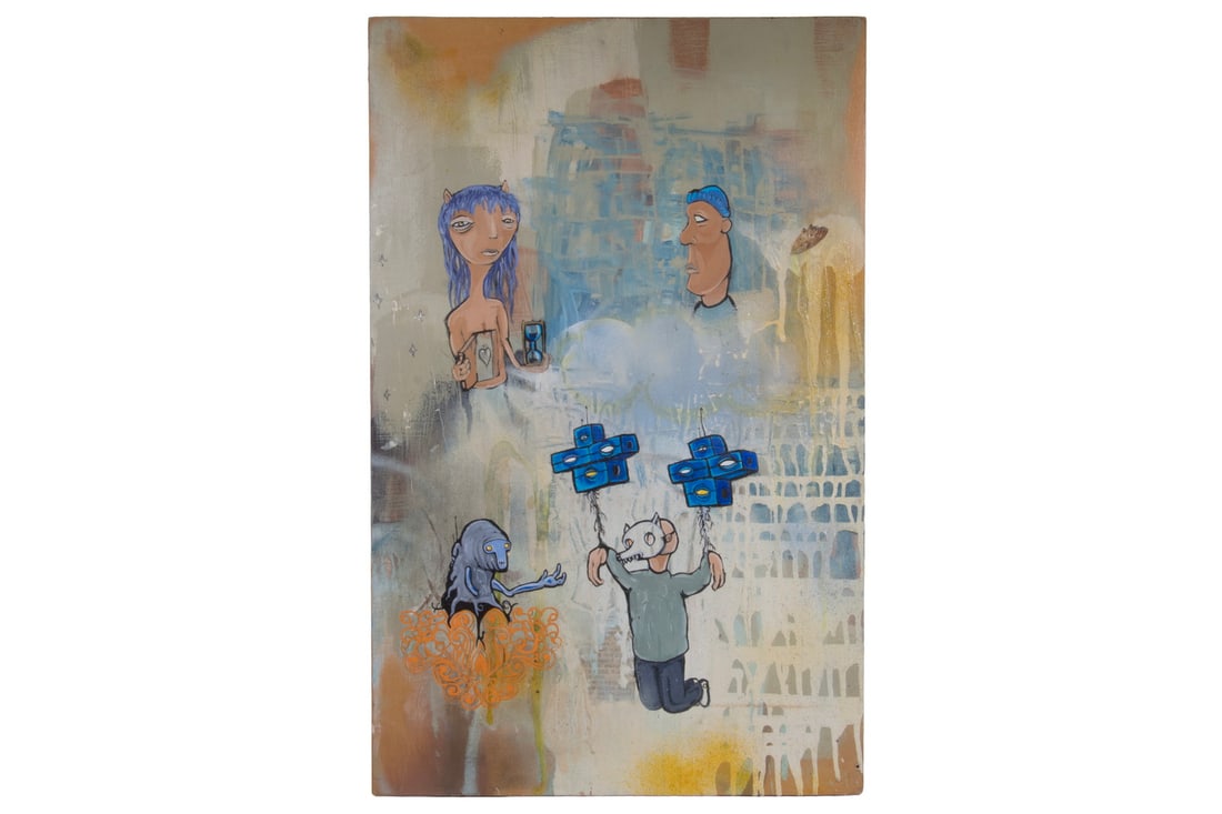 MICHAEL VALE (CONTEMPORARY MELBOURNE, AUSTRALIA): Given Sight 2 Da Blind, oil on hardboard, Gothic Absurdist, four cartooned figures over an abstract ground, signed and titled verso, represented by Martin Browne Contemporary, Paddington, NSW, Austral