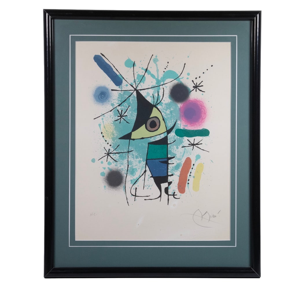 JOAN MIRO (SPAIN, 1893-1983): The Singing Fish, lithograph, pencil signed and marked "HC" (Hors Commerce, proofs that are meant to be shown to dealers and galleries, not sold). In half round black frame, matted under glass.OS: 21