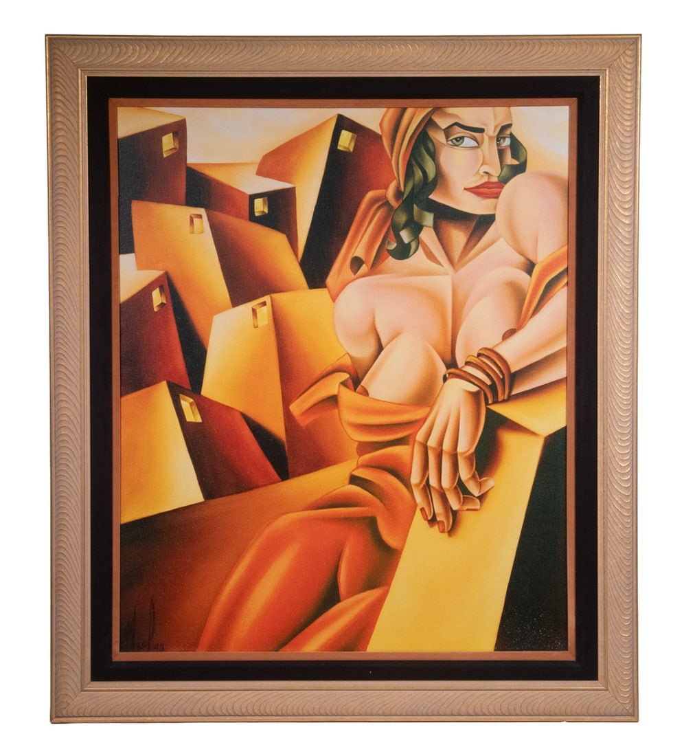 NOEL SUAREZ, (CUBAN AMERICAN): Woman At Pueblo, Giclee print on canvas, dated '93, in replica wavy gold frame with velvet liner.OS: 42 1/2 x 36 1/2 in. (108 x 92.7 cm.), SS: 34 x 28 in. (86.4 x 71.1 cm.)