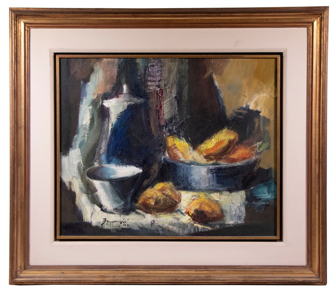 MODERNIST STILL LIFE PAINTING: Modernist Arrangement of Pots and Bread, oil on canvas, signed lower left and verso, in gold molded frame, with broad cream liner having gold and black lip.OS: 30 1/2 x 35 in. (77.5 x 88.9 cm.), SS: