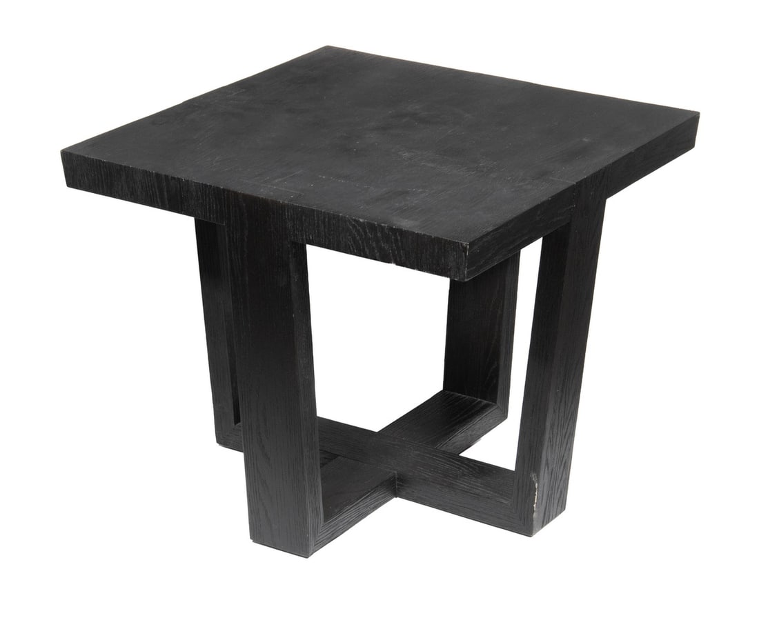 BLACK PAINTED TEAK WOOD END TABLE: Modern Design Square Low Table, set on an X-stretcher base.OS: 20 x 24 x 24 in. (50.8 x 61 x 61 cm.)