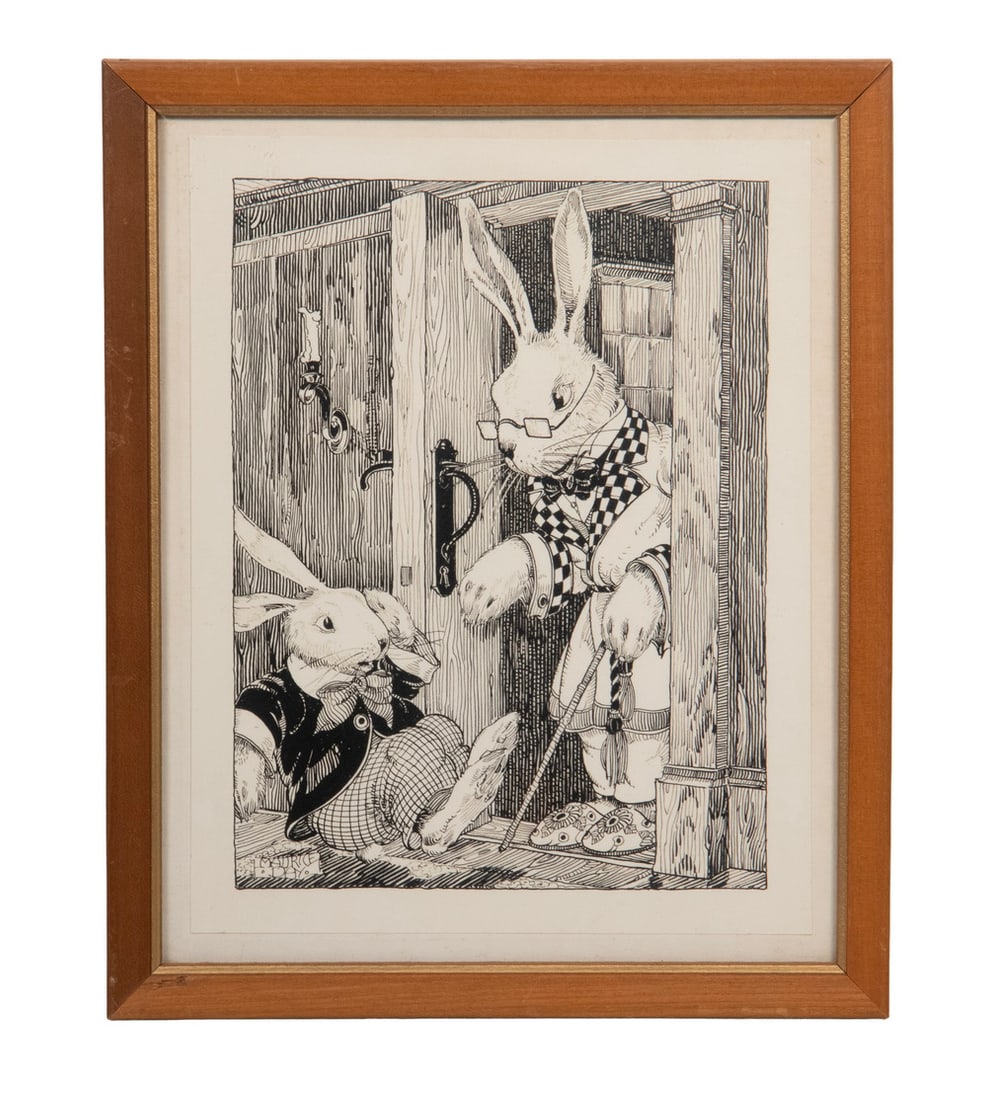 MAURICE 'JAKE' DAY (ME, 1892-1983): Animal Etiquette, pen and ink drawing, signed lower left, label verso giving title and description. In a mahogany stick frame, under glass.Illustration drawn for "The Animal Etiquette Book of Rhymes"