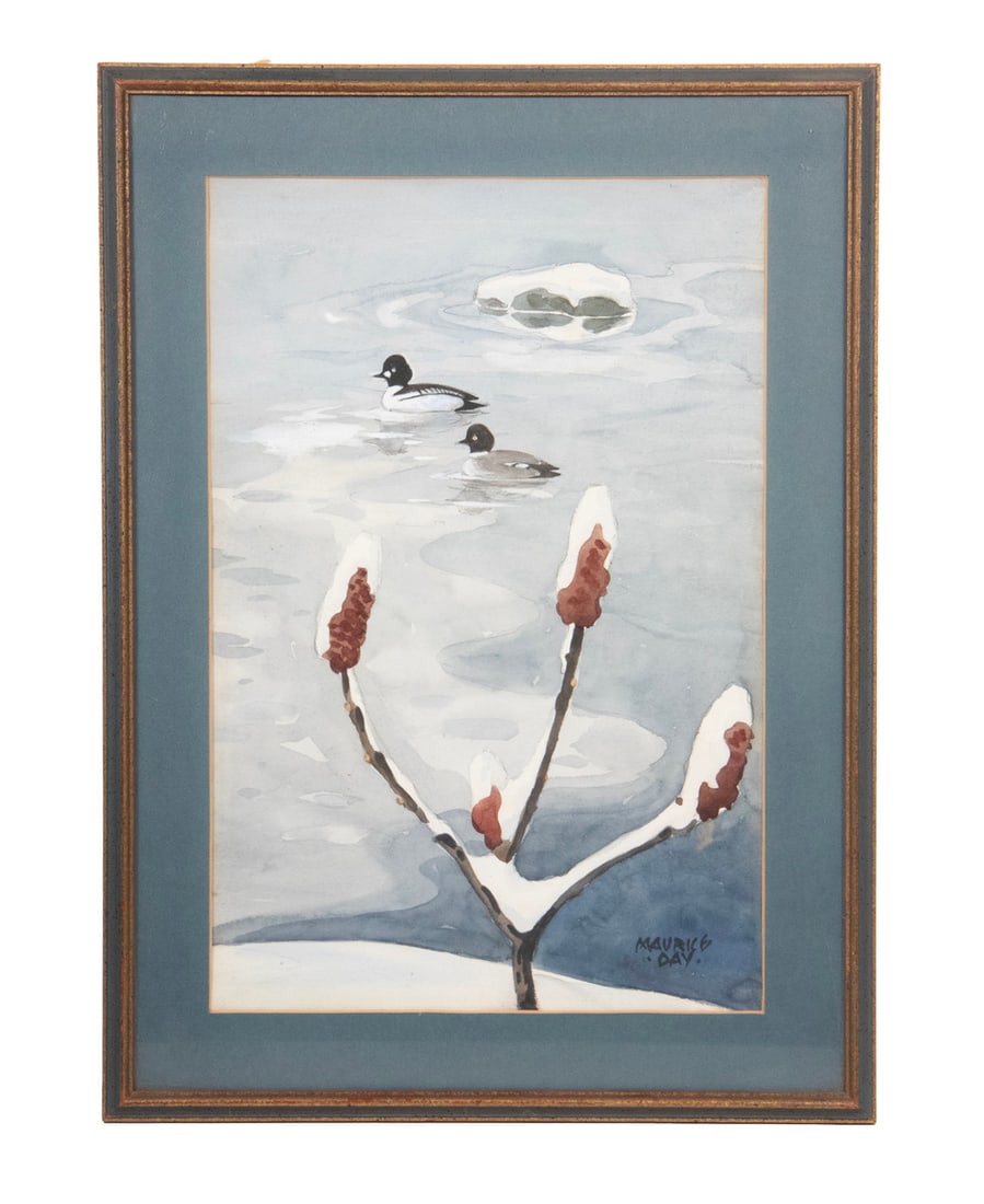 MAURICE 'JAKE' DAY (ME, 1892-1983): Winter at Salt Bay, Sumac and Golden Eyes, depicting snowy cattails with ducks, watercolor on paper, signed lower right, titled verso and marked "Damariscotta, Maine" in the artist's hand. In blue