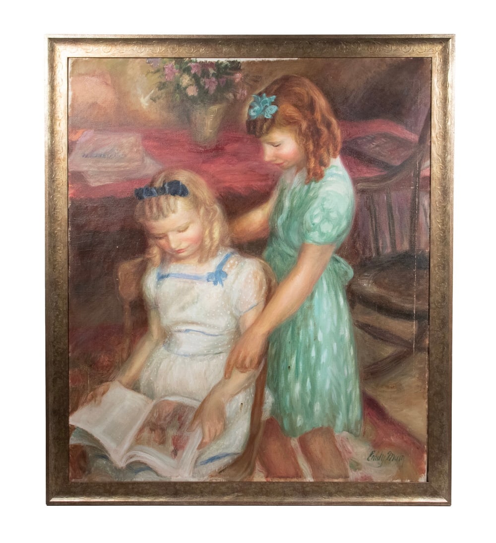 EMILY MUIR (NY/ME, 1904-2003): Blonde and Red-Headed Girls Reading, oil on canvas, signed lower right, titled verso, with original price of $2,200, in shallow cove gilt frame.OS: 37 x 32 in. (94 x 81.3 cm.), SS: 33 1/2 x 28 1/2