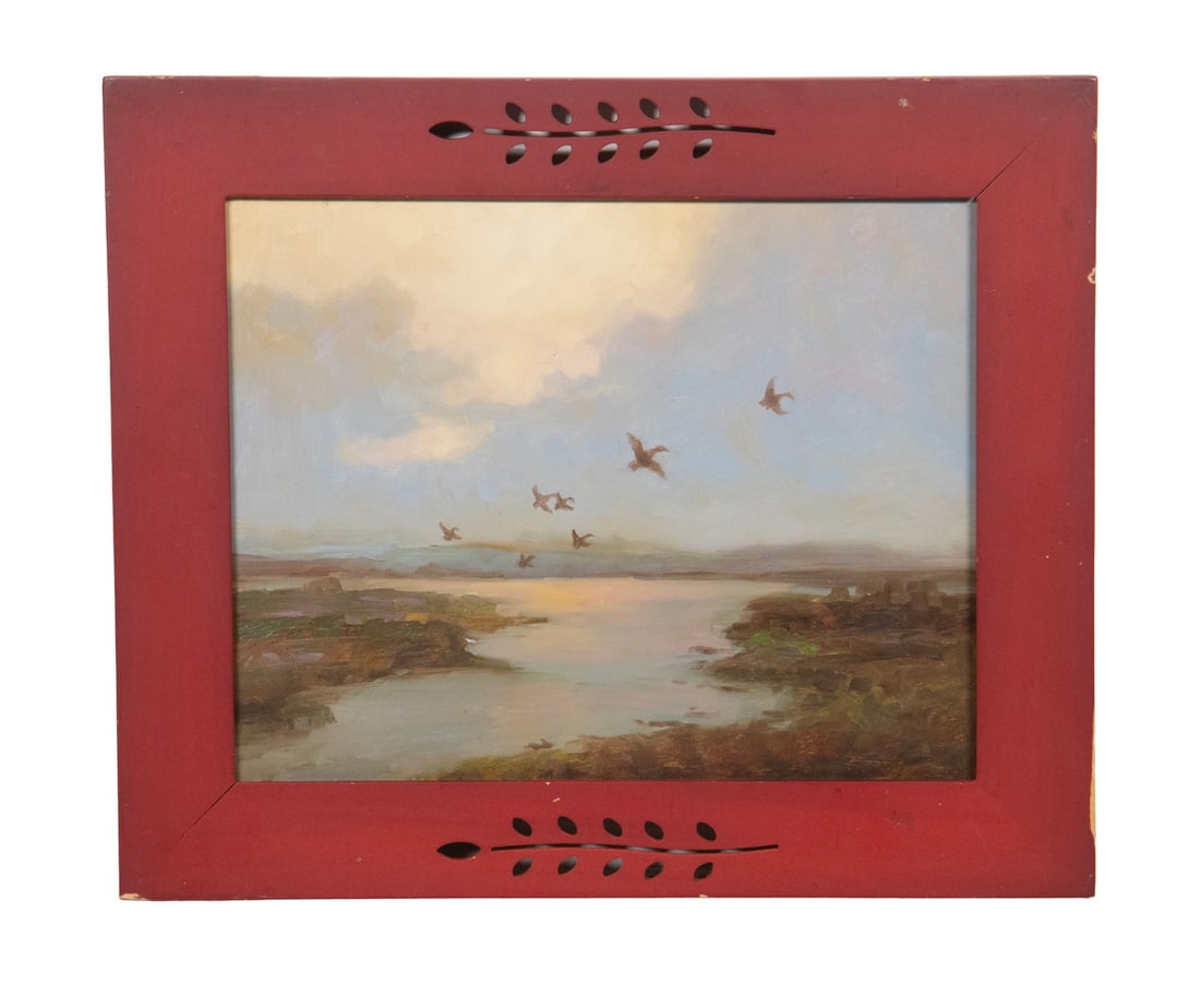 VERNON BROE (ME/IL, 1930-2011): Ducks Taking Flight, oil on hardboard, unsigned but backstamped by the Estate of Vernon Broe, in red panel frame with pierce work.OS: 10 1/2 x 12 1/2 in. (26.7 x 31.8 cm.), SS: 7 1/2 x 9 1/2 in.