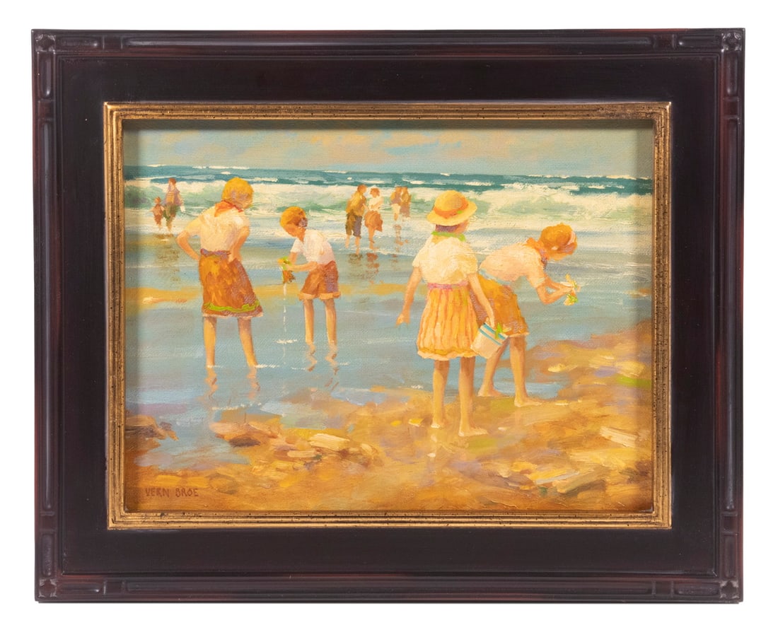 VERNON GEORGE BROE (ME/IL, 1930-2011): Young Beachcombers, oil on canvas board, signed lower left, stamped "Vernon Broe Estate, Richmond, Maine" verso, in a molded and ebonized wooden frame with gilded inner lip. Good condition.OS: 12 1/2