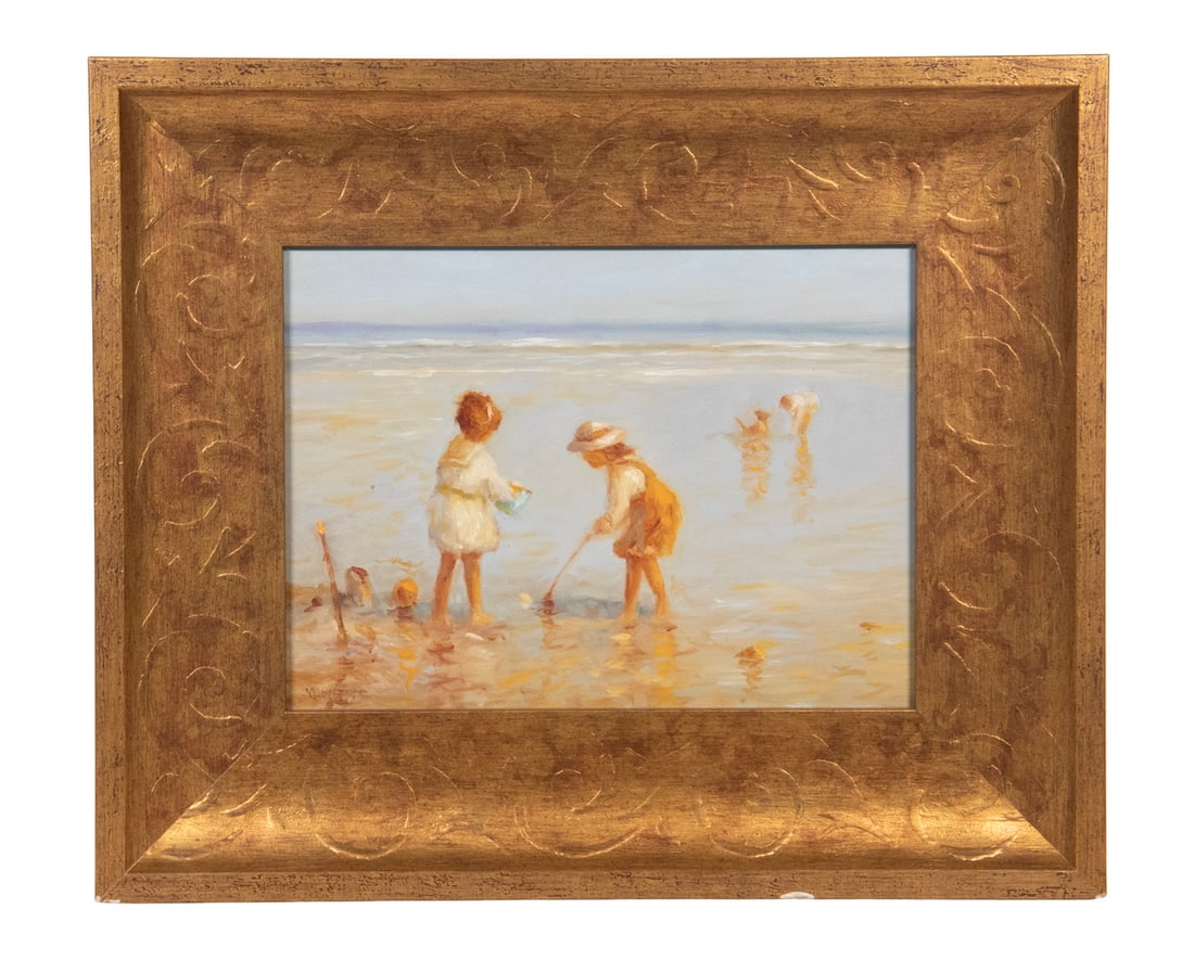 VERNON GEORGE BROE (ME/IL, 1930-2011): Children on a Beach, oil on hardboard, signed lower right, signed lower left, titled on label verso, with an original price of $1450, in in gilt cove Larsen-Juhl frame.OS: 15 x 18 in. (38.1 x 45.7