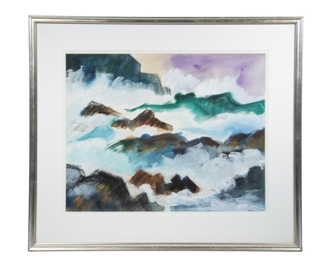 LEO BROOKS (ME, 1909-1993): Crashing Surf, watercolor and pastel on Arches paper, signed lower right, in silver leaf cove stick frame, matted under glass.OS: 22 1/2 x 26 1/2 in. (57.2 x 67.3 cm.), SS: 15 x 19 in. (38.1 x 48.3