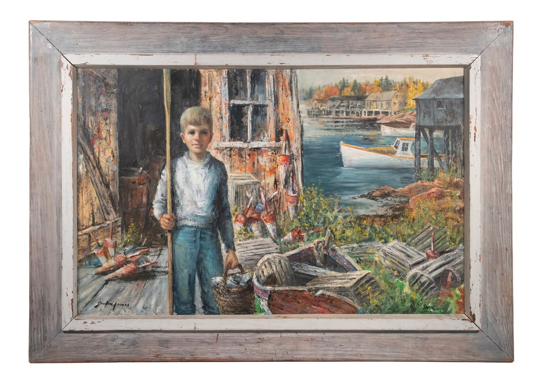SANDRA JAMES (20TH C. WINTER HARBOR, MAINE): Young Fisherman, oil on masonite, signed lower left, titled verso, and marked "For American Artists Exhibition", in artist-painted grey and white panel frame.Husband and Wife, Syd and Sand, had a gall