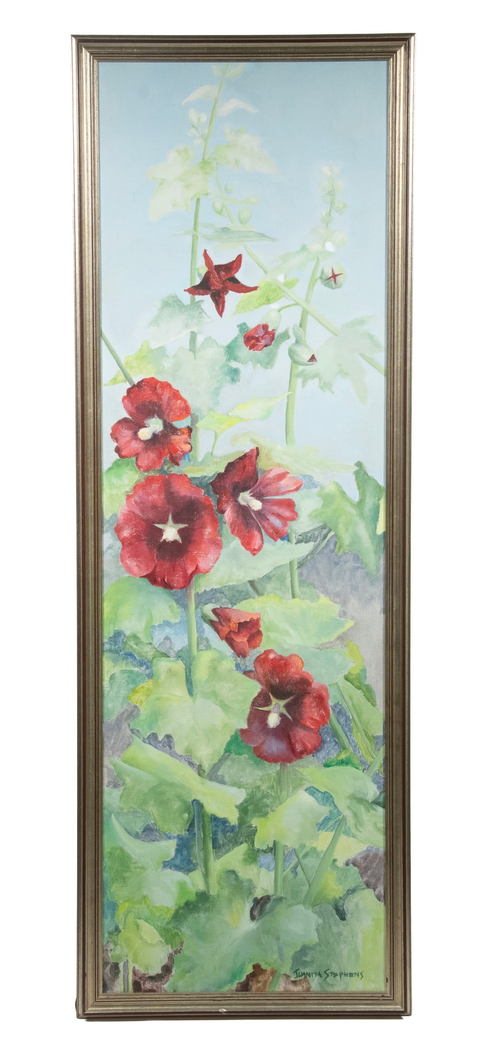 JUANITA STEPHENS (MACHIAS, ME, 1918-2018): Hollyhocks, oil on canvas, slender format, signed lower right, in silver and gold molded frame. OS: 39 x 13 1/2 in. (99.1 x 34.3 cm.), SS: 37 1/2 x 10 1/2 in. (95.3 x 26.7 cm.)