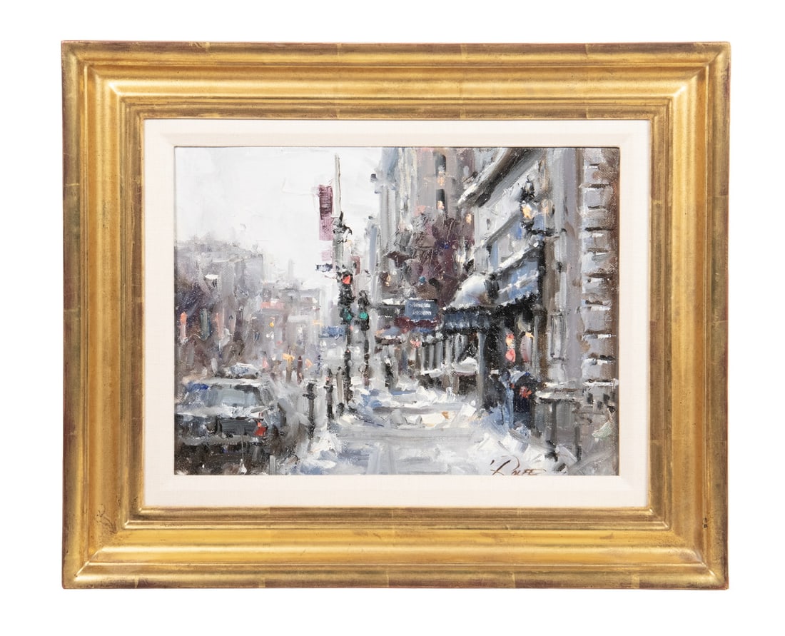 PETER ROLFE (ME/MA, 1942 - ): Toward Monument Square, a snowy winter view of Portland, Maine; oil on canvas board, signed lower right, titled verso and dated 2002, in gilt molded panel frame with linen liner. OS: 14 x 17 in. (35.6