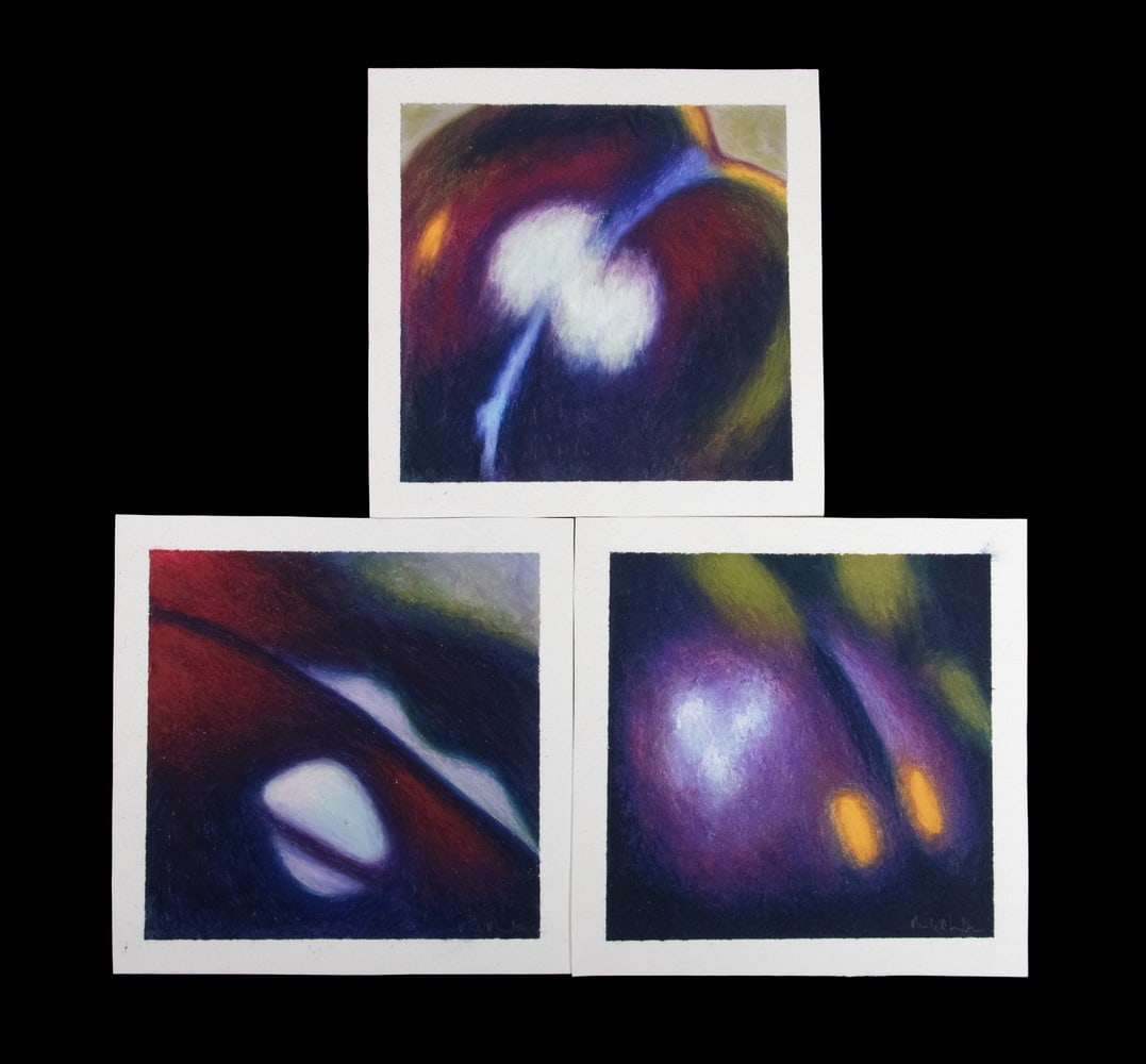 PAUL PLANTE (ME, 1943 - ): (3) Unframed "Plum" pastels, signed (typically signed and titled on back),4 1/4" square images, in foamcore folio. Each: 4 1/4 x 4 1/4 in. (10.8 x 10.8 cm.)