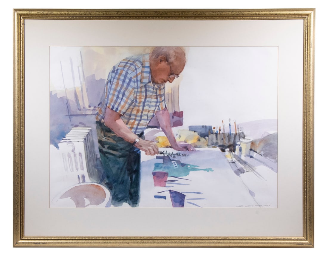 GEORGE W. DELANEY (LATE 20TH C. MAINE): Self Portrait in Studio, watercolor on paper, signed lower right, in pale gold molded frame, matted under glass. OS: 29 x 37 in. (73.7 x 94 cm.), SS: 20 x 28 in. (50.8 x 71.1 cm.)
