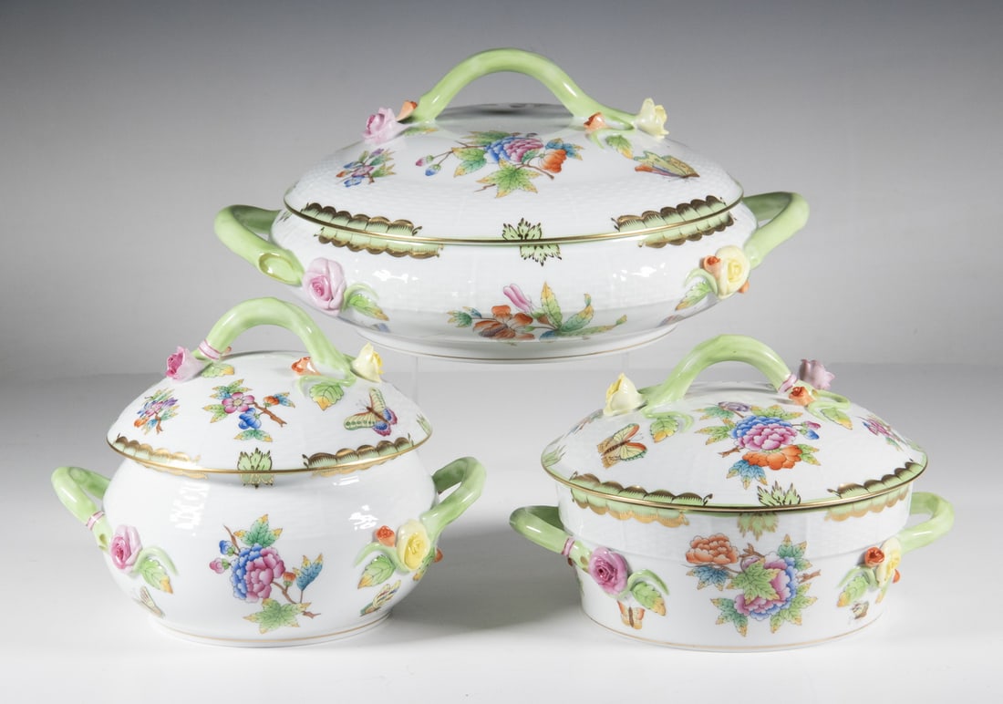 (3) HEREND "QUEEN VICTORIA" COVERED SERVING DISHES: Set of (3) Hungarian Hand Painted Porcelain Lidded Serving Bowls, in a floral and butterfly pattern first presented in 1851 at the London World Exhibition and later ordered by Queen Victoria for table