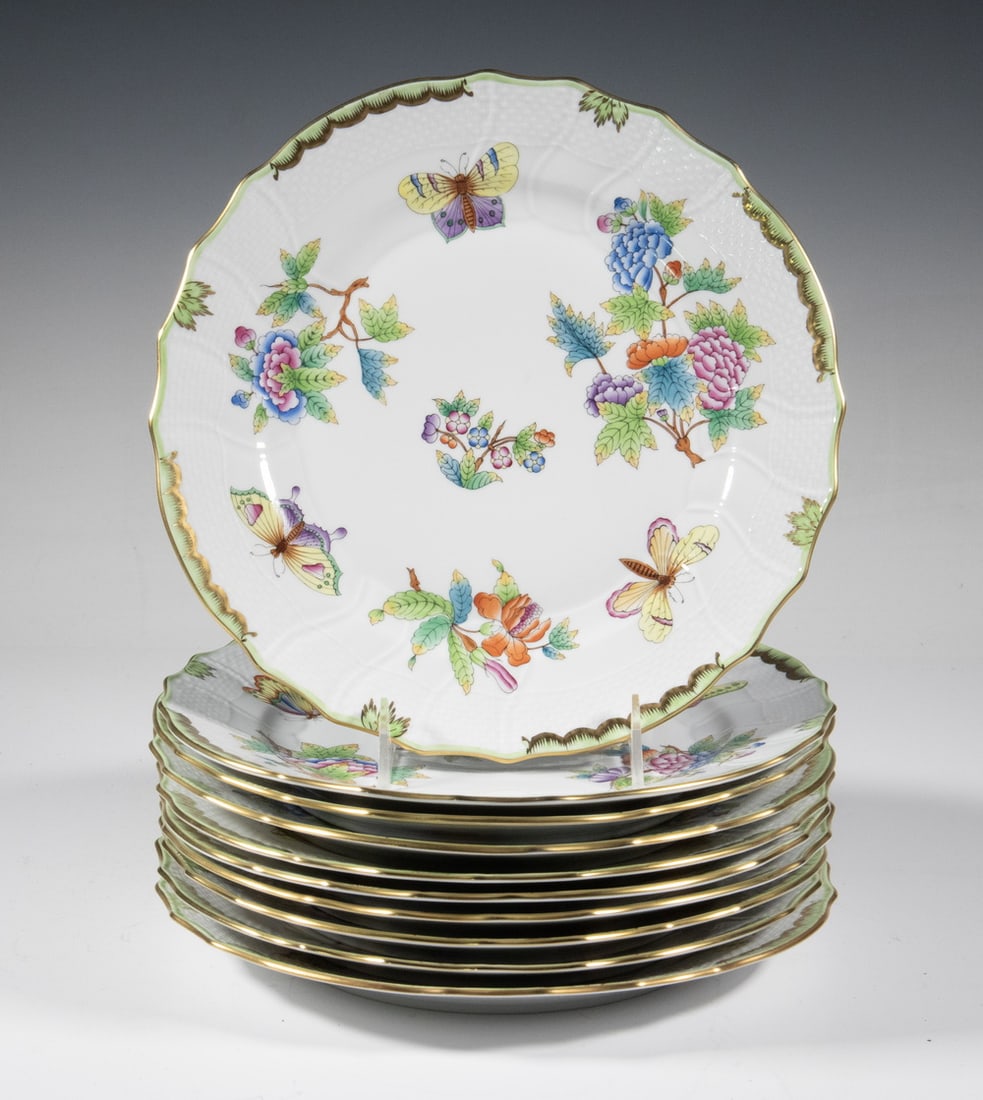 (10) HEREND "QUEEN VICTORIA" DINNER PLATES: Set of (10) Hungarian Hand Painted Porcelain Plates, in a floral and butterfly pattern first presented in 1851 at the London World Exhibition and later ordered by Queen Victoria for table service at W