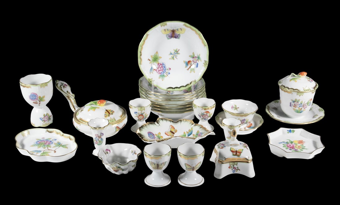 (24 PCS) HEREND "QUEEN VICTORIA" TABLE ITEMS: Group of (24) Hungarian Porcelain Assorted Service Pieces, in a floral and butterfly pattern first presented in 1851 at the London World Exhibition and later ordered by Queen Victoria for table servic