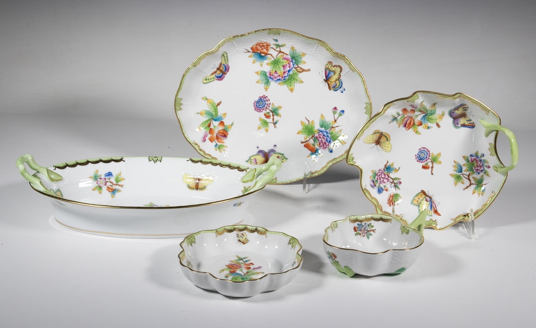 (5) HEREND "QUEEN VICTORIA" PATTERN SERVING ITEMS: Group of (5) Hungarian Hand Painted Porcelain Serving Pieces, in a floral and butterfly pattern first presented in 1851 at the London World Exhibition and later ordered by Queen Victoria for table ser