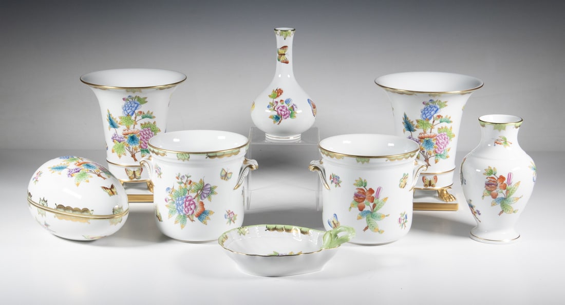 (8) HEREND "QUEEN VICTORIA" DECORATIVE ACCESSORIES: (8) Hungarian Hand Painted Porcelain Vessels, in a floral and butterfly pattern first presented in 1851 at the London World Exhibition and later ordered by Queen Victoria for table service at Windsor