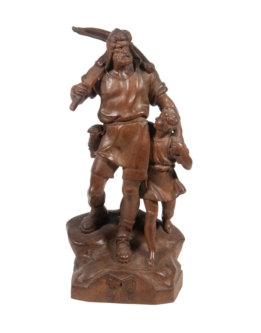 SWISS CARVED WALNUT FIGURE OF WILLIAM TELL AND SON (1 of 6)