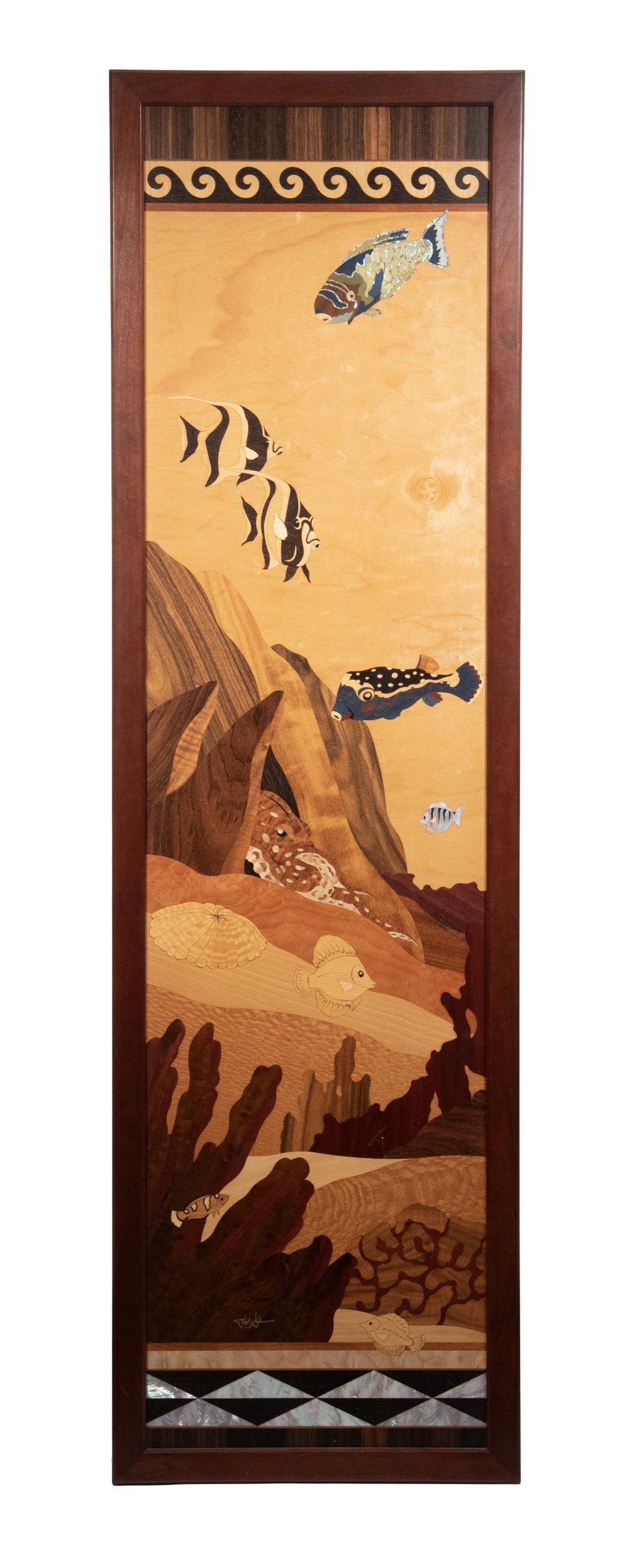 HUDSON RIVER INLAY: AMERICAN MARQUETRY STUDIO PANEL OF EXOTIC FISH: Exotic Fish in Natural Environment, exotic marquetry inlaid wood veneer panel with some mother-of-pearl and enamels. From Hudson River Inlay: American Marquetry Studio, New Windsor, NY, with receipt