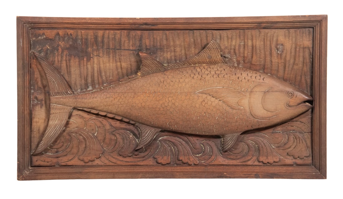 ATTRIBUTED TO LEANDER ALLEN PLUMMER II (MA, 1857-1914): Carved Plaque of a tuna fish riding on relief carved waves, with finger carved background near the top. The entire hardwood panel has a molded framed edge and is quite dramatic. It is unsigned, but we