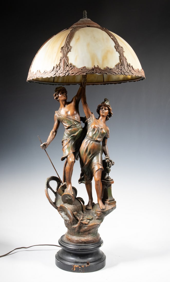 CIRCA 1910 SLAG GLASS LAMP NEWEL MOUNT ALLEGORY OF ELECTRICITY (1 of 4)